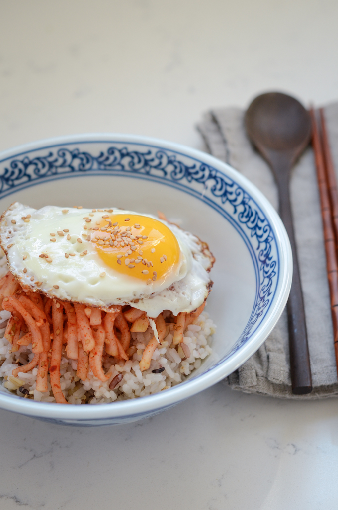 Radish Salad and rice topped with a fried egg makes a quick rice bowl in a hurry.
