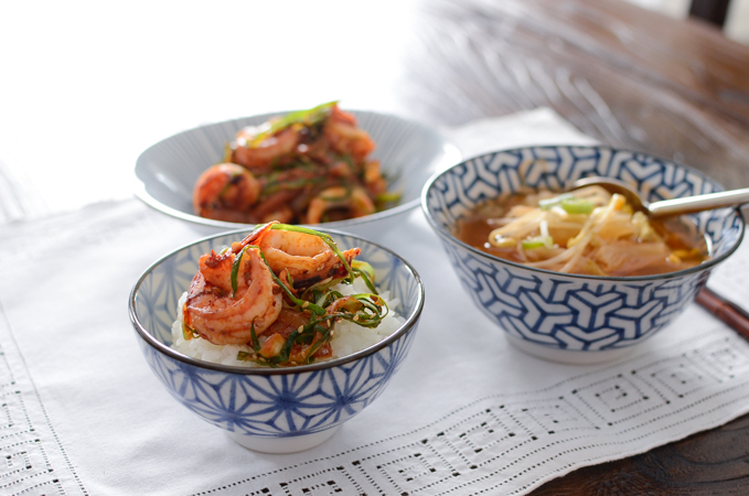 Serve seafood stir-fry with rice and bean sprout soup