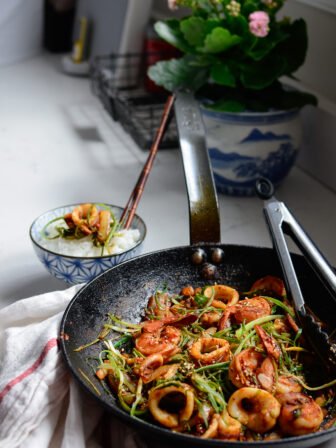 Squid and Shrimp are stir-fried with Korean soybean Paste.