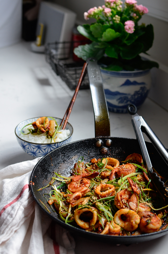 Squid and Shrimp are stir-fried with Korean soybean Paste.
