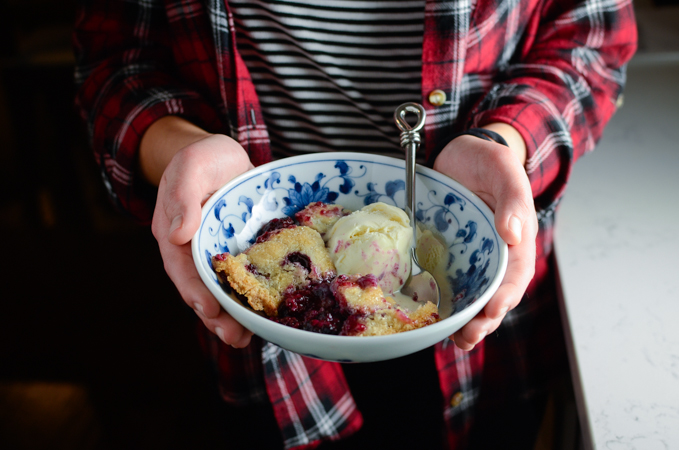 Serve warm blackberry cobbler with cold vanilla ice cream