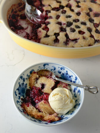 This easy blackberry cobbler is best to serve with a scoop of vanilla ice cream.