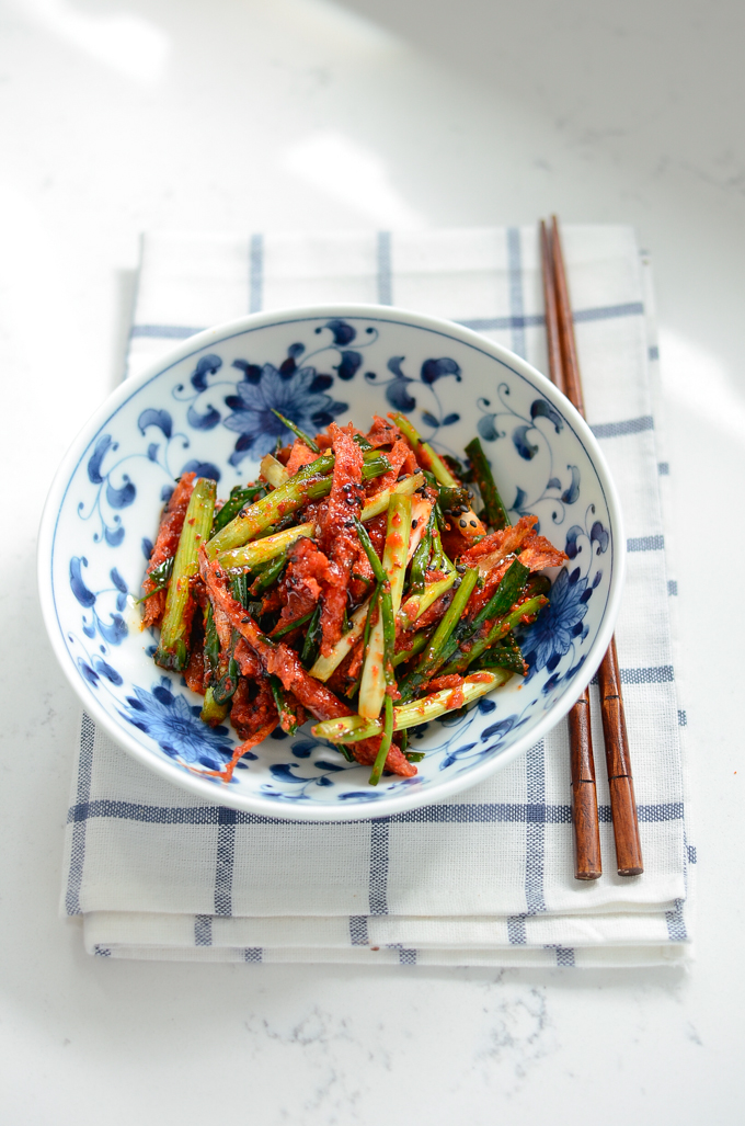 This gluten-free green onion kimchi is made with dried pollock fish.