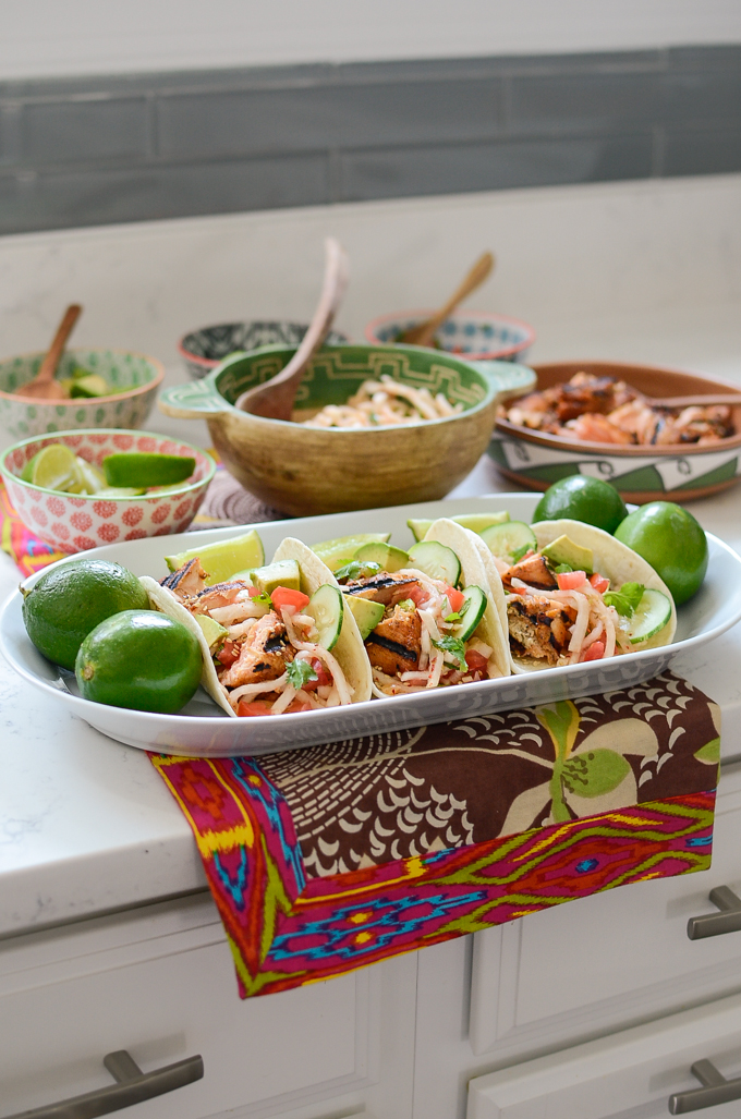 Blacked salmon and Korean radishes makes Korean-Mexican fusion tacos.