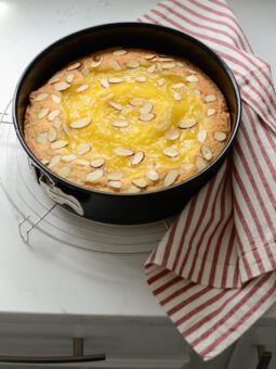 Lemon Custard Almond Cake is baked in a springform pan.