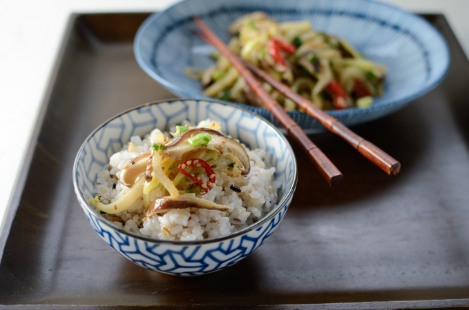 Serve chayote mushroom stir-fry as a side dish with rice.