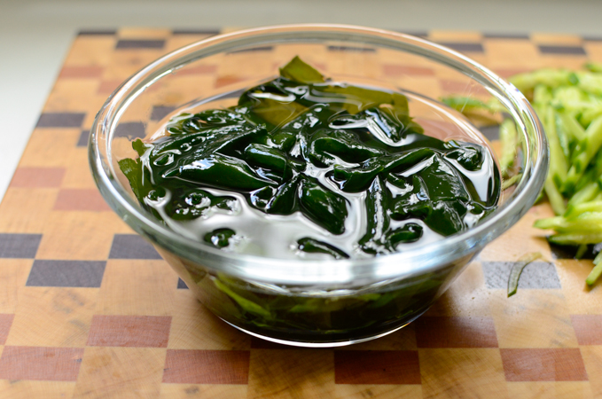 Dried seaweed rehydrated in water.