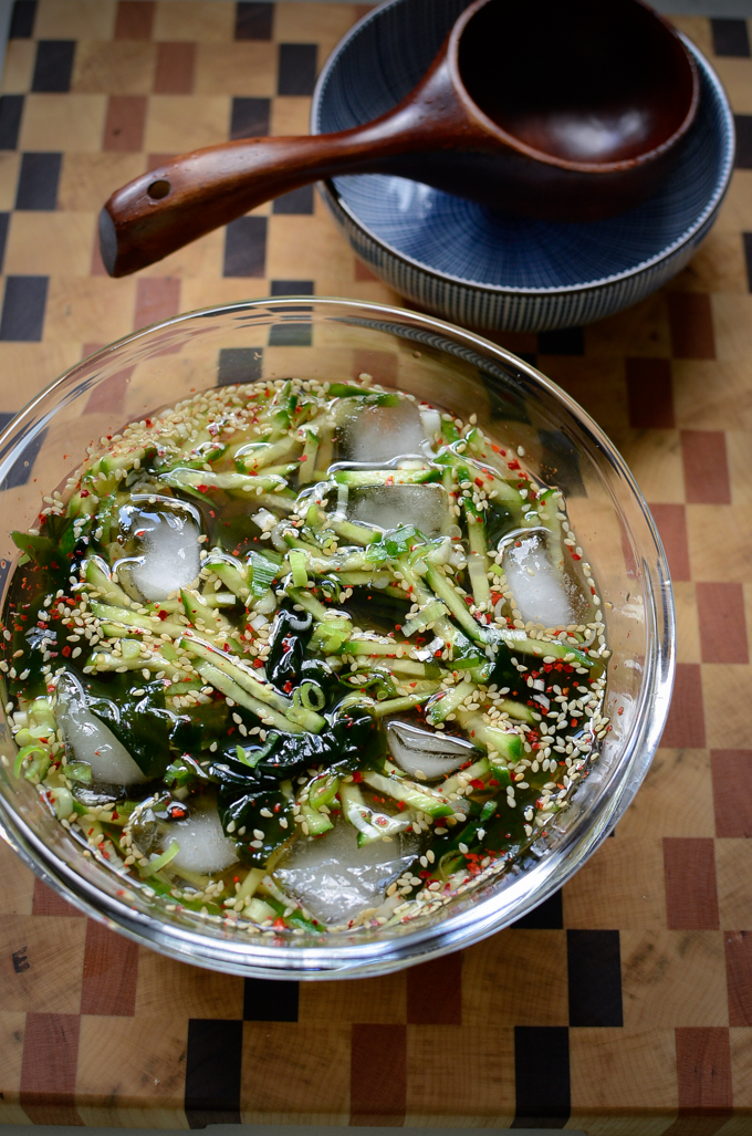 Cold ice keeps this Korean Cold Seaweed Cucumber Soup chilled.