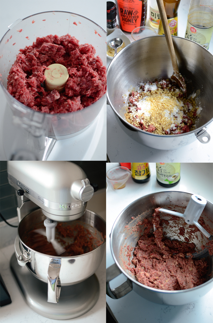 Beef is minced in a processor and added to a mixer along with seasoning to mix together.