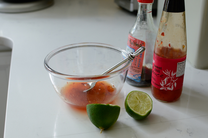 Store-bough sweet chili sauce is handy to make the chicken mango stir-fry