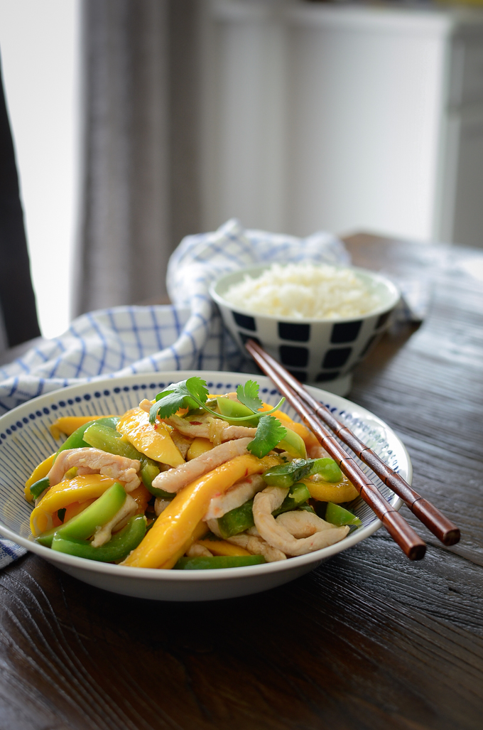 A bowl of mango chicken with rice.