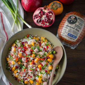 Festive Asian Style Ham and Rice Salad includes persimmon and pomegranate.