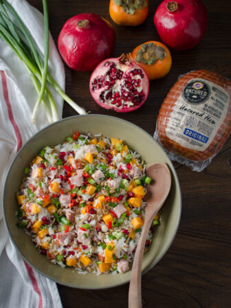 Festive Asian Style Ham and Rice Salad includes persimmon and pomegranate.
