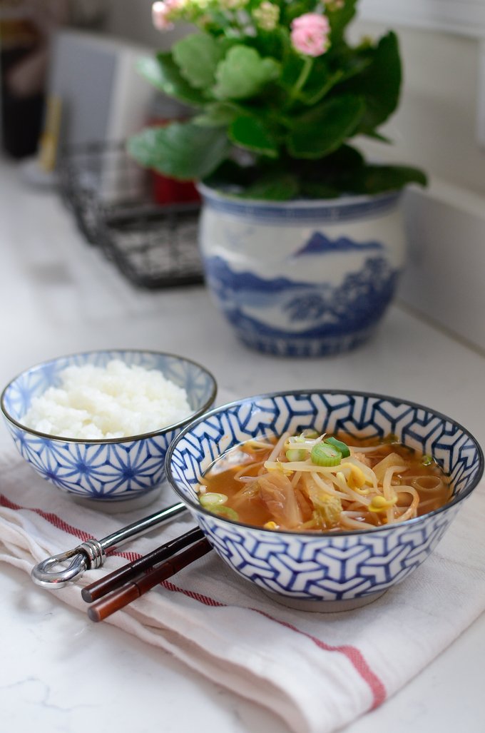 Kimchi and soybean sprouts make a good hangover soup to serve with rice.