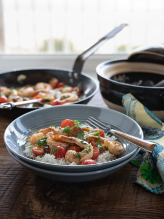 Serve Shrimp and Tomatoes in Lemon Butter Sauce over rice.