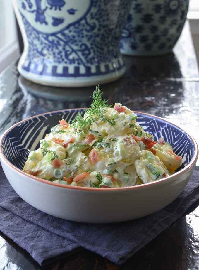 Best potato salad with crisp bacon, fresh dill, and delicious creamy dressing.