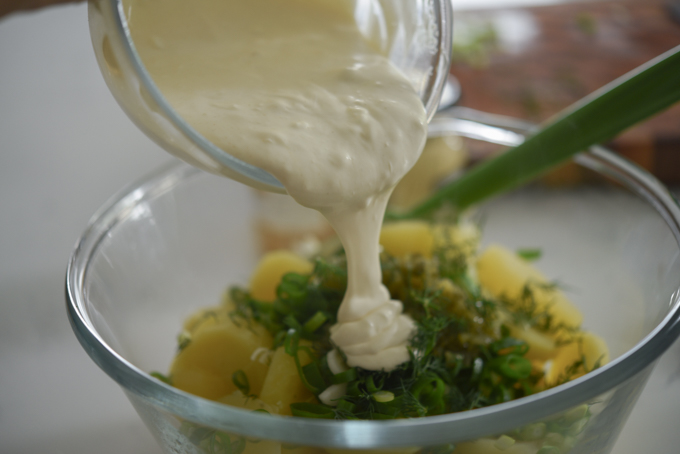 Potato salad dressing made with mayonnaise and sour cream.