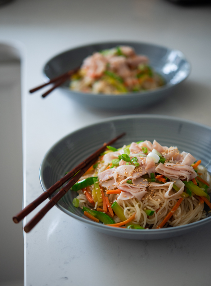 One pot Korean noodles in serving bowls.