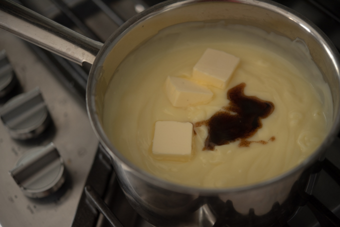 Egg and milk mixture is heated to thicken to make pastry cream.
