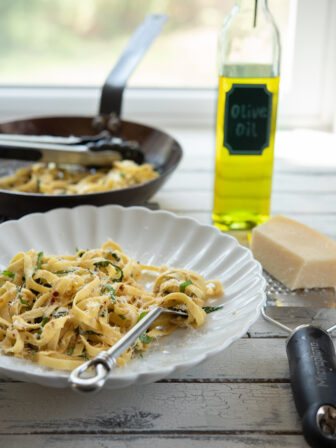 This quick pasta is made with Garlic, Anchovy, and Basil.