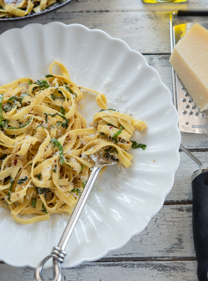 Fettuccine is a perfect pasta with anchovy, garlic, and basil