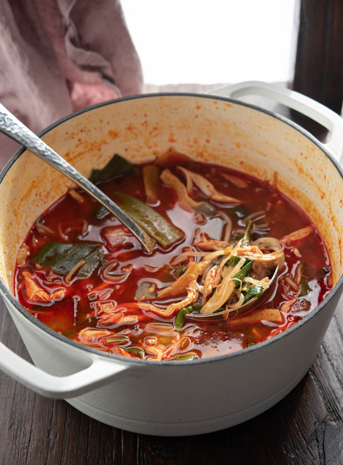 A ladle of chicken and vegetable soup is resting in a white soup pot