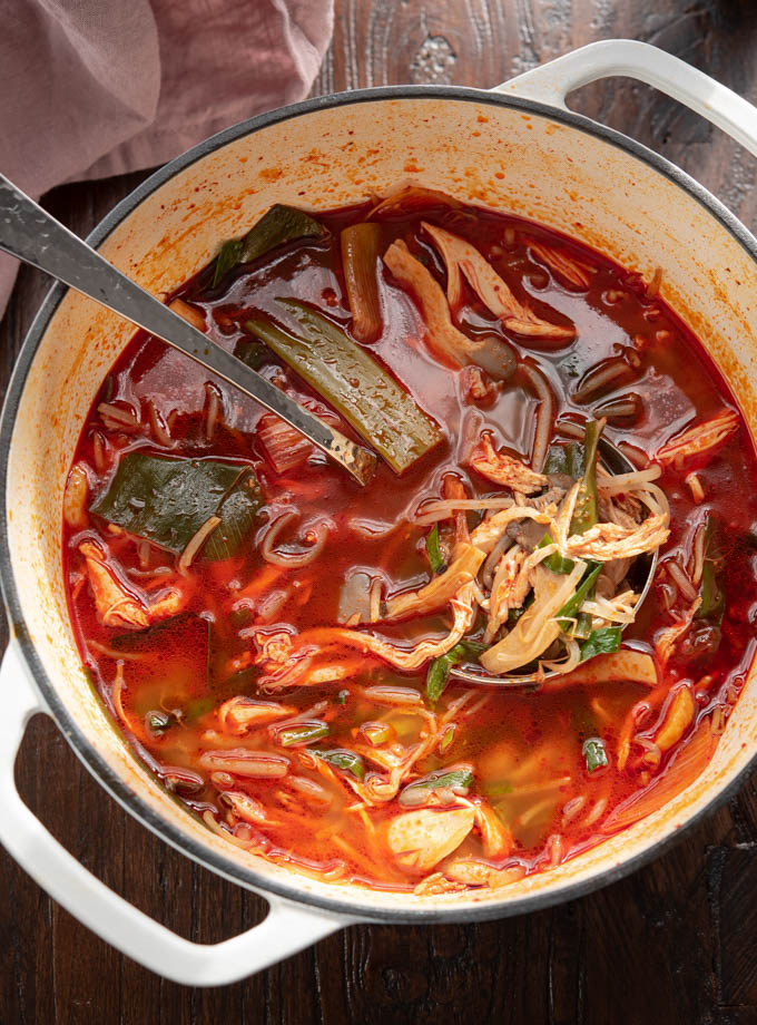 Korean spicy chicken soup (dakgaejang) with vegetables is showing its devilish red look in a white pot.