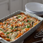 Baked Pasta in a large baking pan is ready to serve.