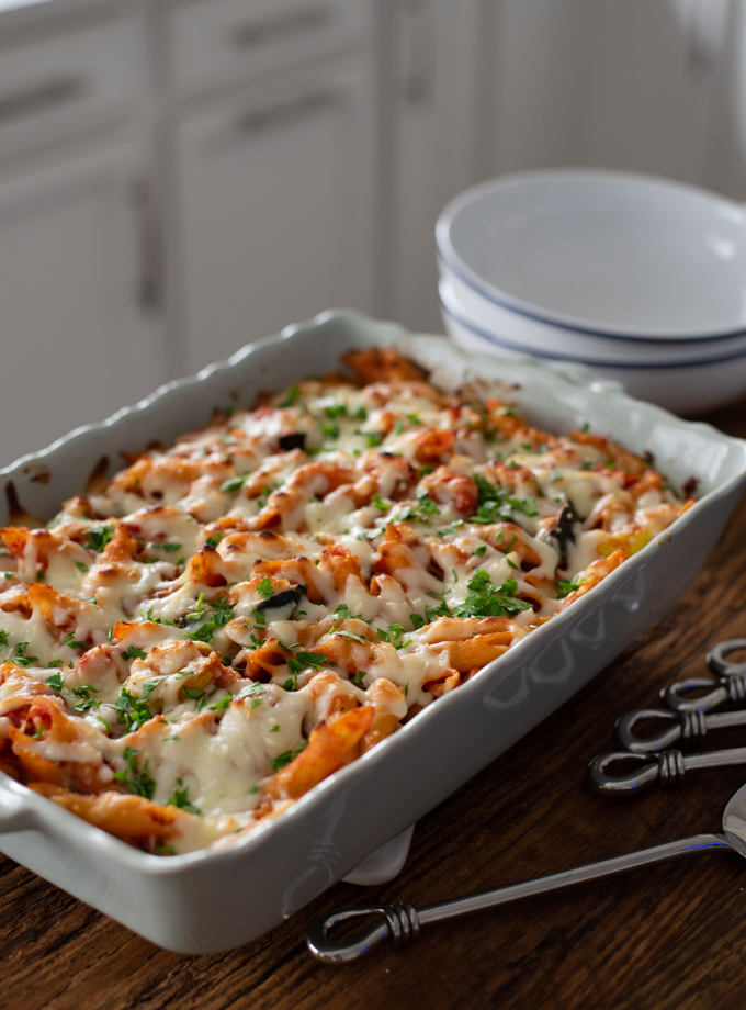 Baked Pasta in a large baking pan is ready to serve.