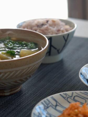 This quick Korean soup with arugula and potato is flavored with dried pollock fish and Korean soybean paste.