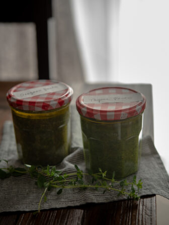 Oregano Pesto & Thyme Pesto are stored in glass jars