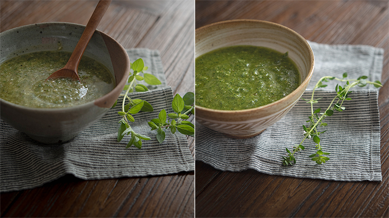 Fresh herb pesto made with oregano and thyme.