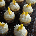 Mango Coconut Cupcakes are decorated with honey cream cheese frosting and fresh mango slicesMango Coconut Cupcakes