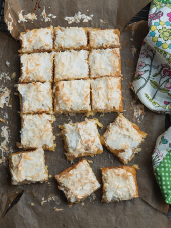 Lemon Luise Cake is filled with lemon curd, meringue and coconut topping