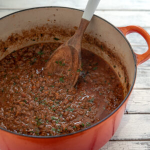 Authentic Italian Ragu Bolognese sauce in a pot.