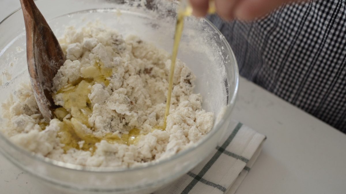 Olive oil is added to the mashed potato.