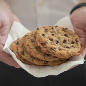 Toffee Chocolate Chip Cookies using mini chocolate chips are crisp on the outside and chewy inside
