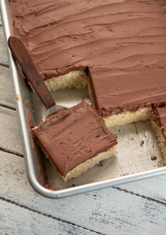 Yellow cake is frosted with a simple chocolate buttercream frosting.