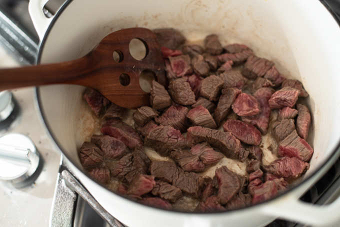 Use small chunks stewing beef and brown them before you add water