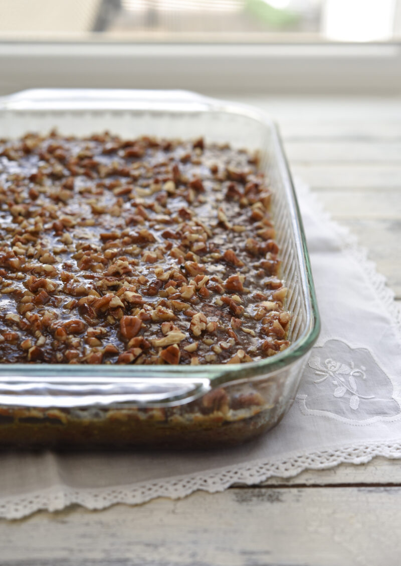 Chocolate oatmeal cake is baked in a 9x13 inch glass pan