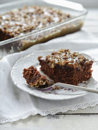A slice of chocolate oatmeal cake is on a plate with a fork