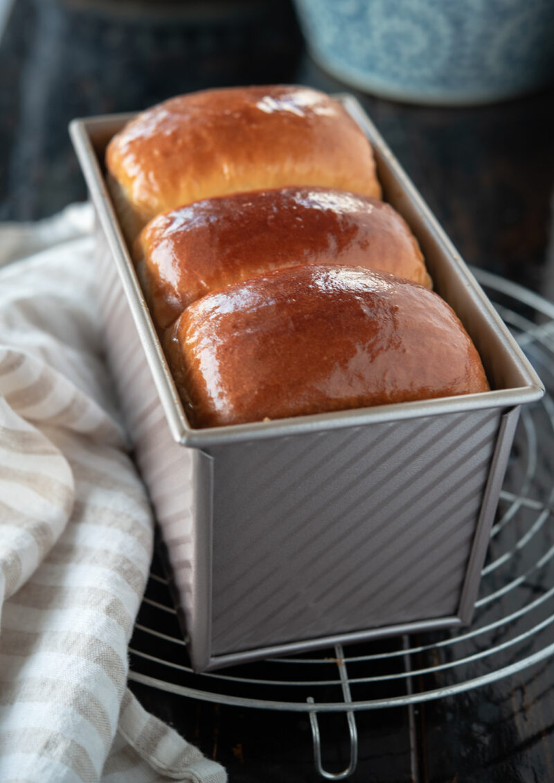 Japanese milk bread recipe made in a Pullman loaf pan.