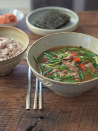 This Korean beef and wtercress soybean paste soup (doenjang guk) is served with rice and kimchi.
