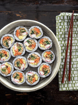 Kimbap is Korean sushi rolls with a variety of vegetable filling inside