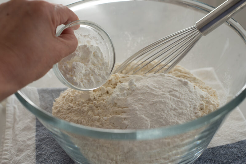 fFour, sweet rice flour and cornstarch combined in a bowl.