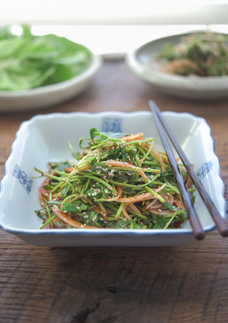 Minari salad is a great topping for Korean BBQ or meat dishes.