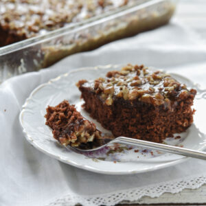 A slice of chocolate oatmeal cake topped with pecan caramel topping is served.