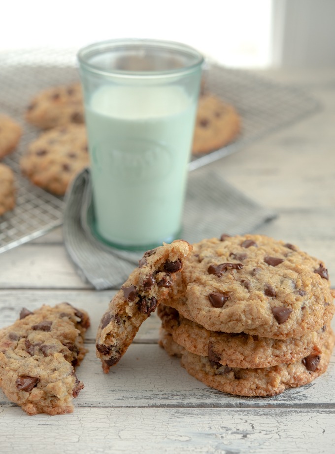 Chocolate wheat germ cookies with milk.