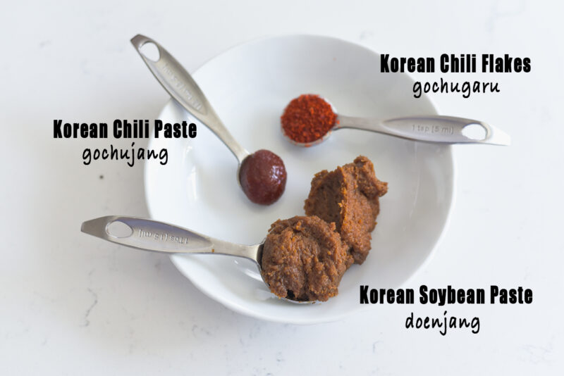 Korean soybean paste (doenjang), chili pastem and chili flakes for Doenjang jjigae.