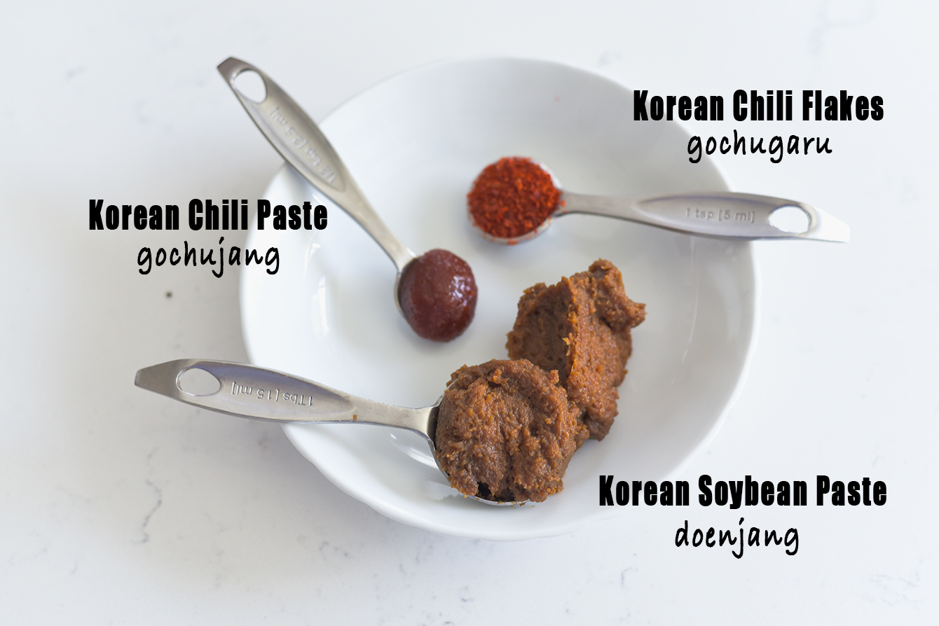 Doenjang, gochujang, and gochugaru prepared for making Korean stew